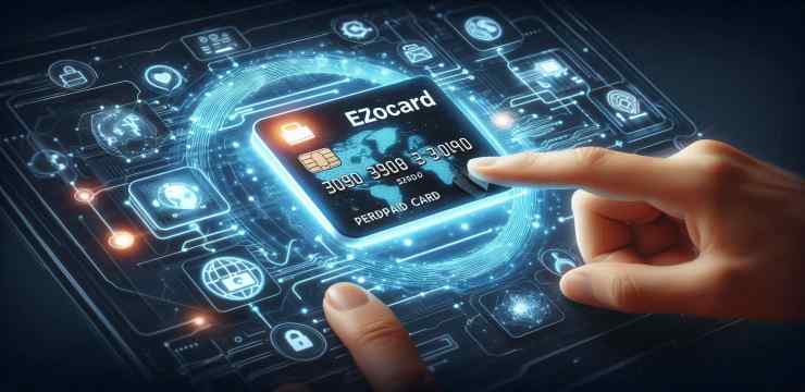 Create a sleek digital illustration showing a virtual prepaid card (labeled as "Ezocard") being used on an e-commerce platform. The card should have a glowing, futuristic design with icons representing security and global connectivity.