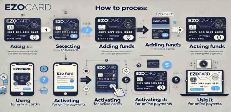 Design a step-by-step infographic showing the process: (1) Selecting an Ezocard, (2) Adding funds, (3) Activating the card, and (4) Using it for online payments. Include a modern, tech-savvy aesthetic.