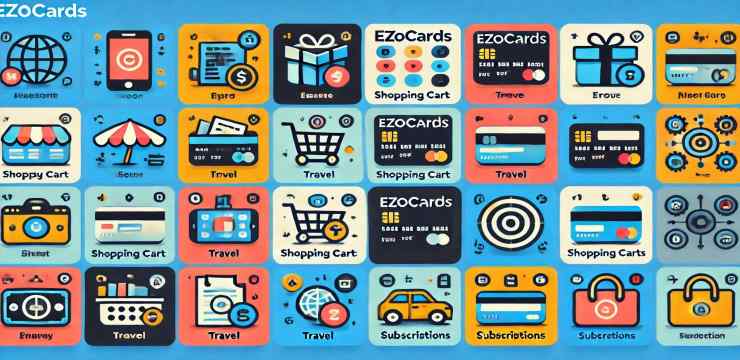 Create a visual showing Ezocards in a futuristic setting, with icons representing enhanced security, global usage, and budgeting tools. Include elements like shopping bags, a travel suitcase, and a digital wallet interface to convey usability.